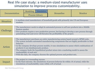 Real life case study: a medium-sized manufacturer uses simulation to improve process customizability. Info-Tech Research Group Documentation Streamline Process Library Modeling Simulation Monitor Situation Challenge Action Impact A medium-sized manufacturer of household goods sells primarily into US and European markets. The manufacturer needs to adapt its automated process to sell new products into a Middle Eastern market.  New products require a new production process, but having to develop a new process through painstaking trial-and-error will threaten the profitability of the project. The manufacturer purchases an entire manufacturing system based around a BPMS suite.  The system includes automated manufacturing components that are highly predictable in their behavior. As the company develops process models, it runs simulations to assess which combinations of products it can simultaneously produce. The company feeds the hypothetical product mixes into a marketing model to assess the marketability of each mix.  With this data, the company chooses the optimal process and product mix. The project is a resounding success. In the final outcome, the simulations of process behavior lie within 1% of actual, while the simulations of marketability come within 10% of actual. 