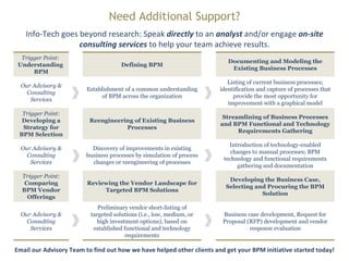 Need Additional Support? Info-Tech goes beyond research: Speak  directly  to an  analyst  and/or engage  on-site consulting services  to help your team achieve results. Email our  Advisory Team  to find out how we have helped other clients and get your BPM initiative started today! Trigger Point:  Understanding  BPM Defining BPM Documenting and Modeling the Existing Business Processes Our Advisory & Consulting Services Establishment of a common understanding of BPM across the organization Listing of current business processes; identification and capture of processes that provide the most opportunity for improvement with a graphical model Trigger Point:  Developing a Strategy for BPM Selection Reengineering of Existing Business Processes Streamlining of Business Processes and BPM Functional and Technology Requirements Gathering Our Advisory & Consulting Services Discovery of improvements in existing business processes by simulation of process changes or reengineering of processes Introduction of technology-enabled changes to manual processes; BPM technology and functional requirements gathering and documentation Trigger Point:  Comparing BPM Vendor Offerings Reviewing the Vendor Landscape for Targeted BPM Solutions Developing the Business Case, Selecting and Procuring the BPM Solution Our Advisory & Consulting Services Preliminary vendor short-listing of targeted solutions (i.e., low, medium, or high investment options), based on established functional and technology requirements Business case development, Request for Proposal (RFP) development and vendor response evaluation 