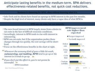 Anticipate lasting benefits in the medium-term. BPM delivers effectiveness-related benefits, not quick cost reductions. Info-Tech Research Group Business is clamoring for BPM, often without knowing what it is. Info-Tech and its clients have found an upsurge in BPM interest in the past few months. Despite the high level of interest, many clients only have a vague idea of what BPM is. BPM can cut costs, but not instantly: The new-found interest in BPM largely stems from a desire to cut costs in the face of difficult economic conditions. Accordingly, interest in BPM tends to rise with interest in outsourcing. BPM can cut costs, but if the organization pushes these changes through too quickly, the cost savings will be short-lived. Focus on the effectiveness benefits in the chart at right. N=103 If you don’t put the effort in, you’re not gonna be successful. - BPM Consultant “ ” Whenever the economy kind of goes a little bit south,  outsourcing ,  out-tasking ,  BPM  tend to go up or the interest in it tends to go up. “ ” 