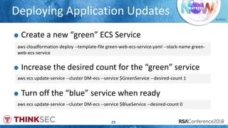 # RSAC
Create a new “green” ECS Service
Increase the desired count for the “green” service
Turn off the “blue” service when ready
Deploying Application Updates
29
aws ecs update-service --cluster DM-ecs --service $GreenService --desired-count 1
aws ecs update-service --cluster DM-ecs --service $BlueService --desired-count 0
aws cloudformation deploy --template-file green-web-ecs-service.yaml --stack-name green-
web-ecs-service
 