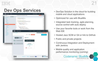 Dev Ops Services
21
• DevOps Solution in the cloud for building
mobile and cloud applications
• Optimized for use with Blu...