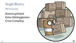 Single Binary
All Inclusive
Statisch gelinked
Keine Abhängigkeiten
Cross-Compiling
29
 