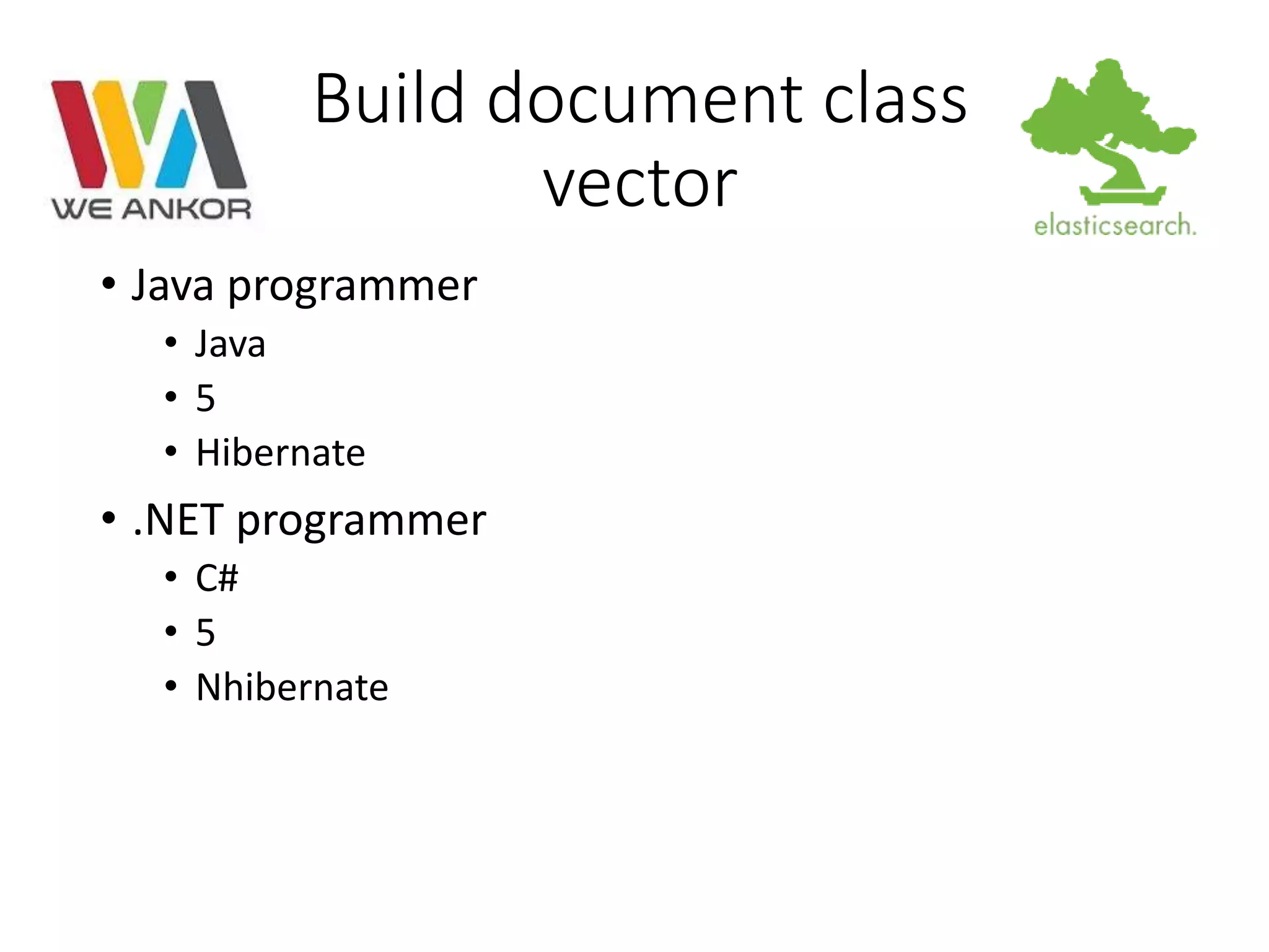 Build document class 
vector 
• Java programmer 
• Java 
• 5 
• Hibernate 
• .NET programmer 
• C# 
• 5 
• Nhibernate 
 