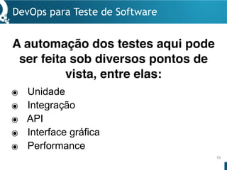 DevOps para Teste de Software
18
๏ Unidade
๏ Integração
๏ API
๏ Interface gráfica
๏ Performance
A automação dos testes aqui pode
ser feita sob diversos pontos de
vista, entre elas:
 