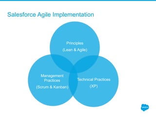 Salesforce Agile Implementation
Principles
(Lean & Agile)
Management
Practices
(Scrum & Kanban)
Technical Practices
(XP)
 