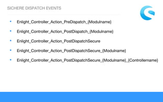 SICHERE DISPATCH EVENTS
 Enlight_Controller_Action_PreDispatch_{Modulname}
 Enlight_Controller_Action_PostDispatch_{Modulname}
 Enlight_Controller_Action_PostDispatchSecure
 Enlight_Controller_Action_PostDispatchSecure_{Modulname}
 Enlight_Controller_Action_PostDispatchSecure_{Modulname}_{Controllername}
 