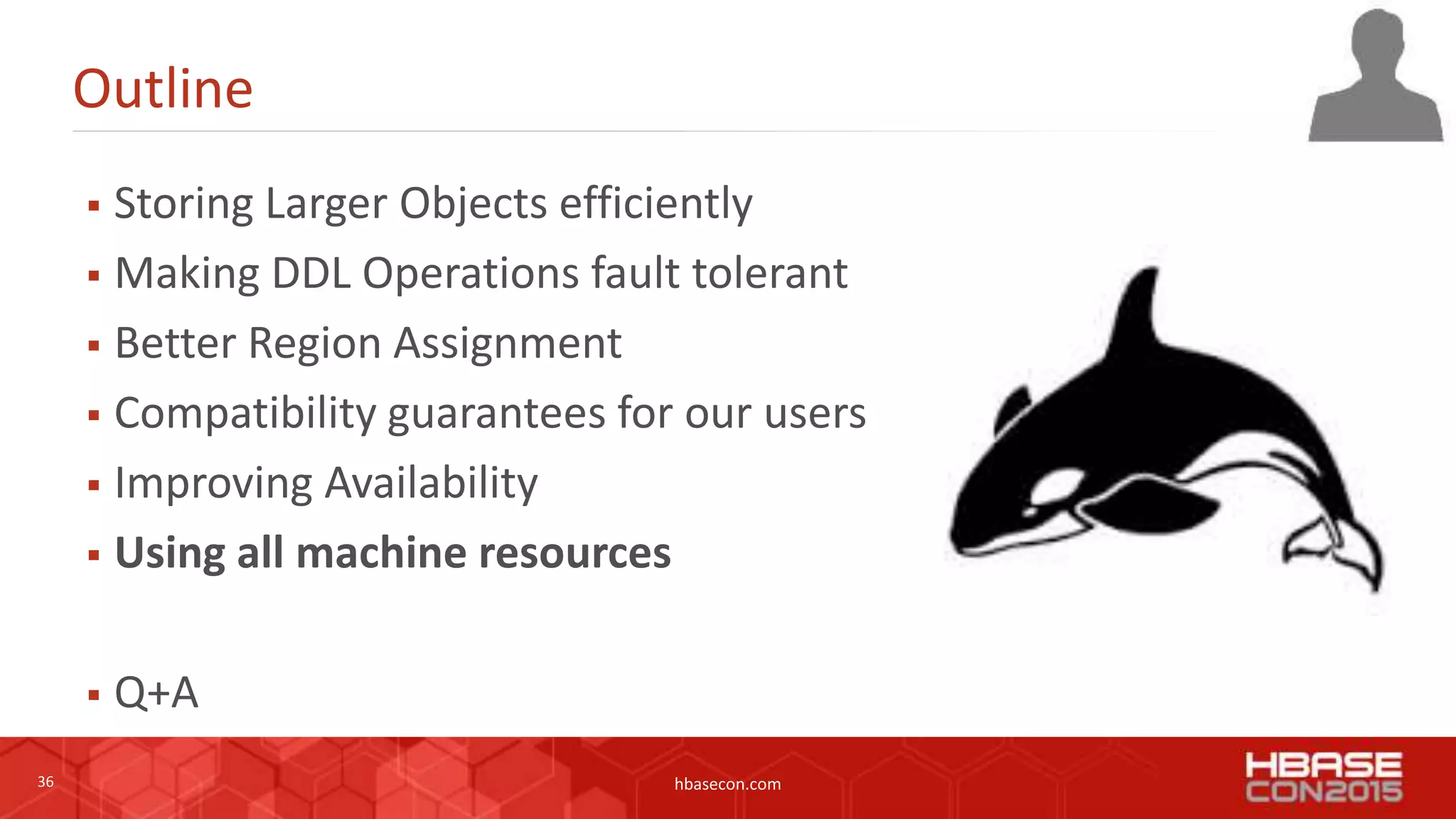 36 hbasecon.com
Outline
 Storing Larger Objects efficiently
 Making DDL Operations fault tolerant
 Better Region Assignment
 Compatibility guarantees for our users
 Improving Availability
 Using all machine resources
 Q+A
 