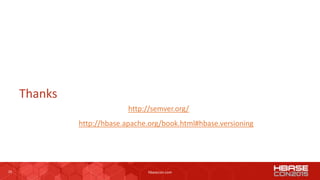 29 hbasecon.com
Thanks
http://semver.org/
http://hbase.apache.org/book.html#hbase.versioning
 