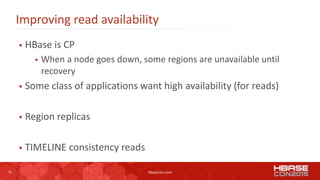 31 hbasecon.com
Improving read availability
 HBase is CP
 When a node goes down, some regions are unavailable until
recovery
 Some class of applications want high availability (for reads)
 Region replicas
 TIMELINE consistency reads
 