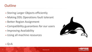 3 hbasecon.com
Outline
 Storing Larger Objects efficiently
 Making DDL Operations fault tolerant
 Better Region Assignm...