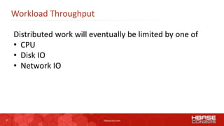 37 hbasecon.com
Workload Throughput
Distributed work will eventually be limited by one of
• CPU
• Disk IO
• Network IO
 