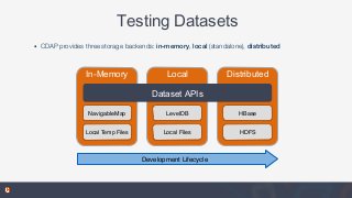 Testing Datasets
• CDAP provides three storage backends: in-memory, local (standalone), distributed
In-Memory
NavigableMap...