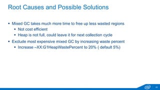 Root Causes and Possible Solutions
 Mixed GC takes much more time to free up less wasted regions
 Not cost efficient
 H...
