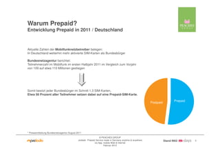 Warum Prepaid?
Entwicklung Prepaid in 2011 / Deutschland



Aktuelle Zahlen der Mobilfunknetzbetreiber belegen:
In Deutsch...