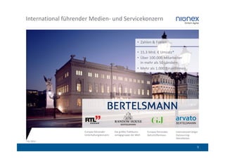 International führender Medien- und Servicekonzern


                                                               • Zahlen & Fakten

                                                               • 15,3 Mrd. € Umsatz*
                                                               • Über 100.000 Mitarbeiter
                                                                 in mehr als 50 Ländern
                                                               • Mehr als 1.000 Einzelfirmen




                     Europas führender      Die größte Publikums-    Europas führendes   International tätiger
                     Unterhaltungskonzern   verlagsgruppe der Welt   Zeitschriftenhaus   Outsourcing-
                                                                                         Dienstleister
*GJ 2011

                                                                                                             5
 