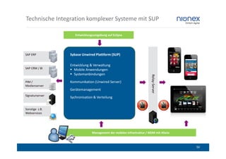 Technische Integration komplexer Systeme mit SUP

                    Entwicklungsumgebung auf Eclipse




SAP ERP          Sybase Unwired Plattform (SUP)

                 Entwicklung & Verwaltung
SAP CRM / BI       Mobile Anwendungen
                   Systemanbindungen




                                                                       Relay-Server
PIM /            Kommunikation (Unwired Server)
Medienserver
                 Gerätemanagement
Signaturserver
                 Sychronisation & Verteilung


Sonstige z.B.
Webservices




                               Management der mobilen Infrastruktur / MDM mit Afaria



                                                                                       50
 