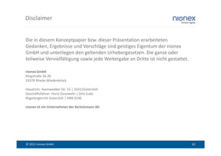 Disclaimer


Die in diesem Konzeptpapier bzw. dieser Präsentation erarbeiteten
Gedanken, Ergebnisse und Vorschläge sind geistiges Eigentum der nionex
GmbH und unterliegen den geltenden Urhebergesetzen. Die ganze oder
teilweise Vervielfältigung sowie jede Weitergabe an Dritte ist nicht gestattet.

nionex GmbH
Ringstraße 16-20
33378 Rheda-Wiedenbrück

Hauptsitz: Avenwedder Str. 55 | 33311Gütersloh
Geschäftsführer: Horst Gosewehr | Dirk Suda
Registergericht Gütersloh | HRB 4196

nionex ist ein Unternehmen der Bertelsmann AG




© 2012 nionex GmbH                                                                62
 