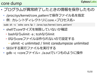 • プログラムが異常終了したときの情報を保存したもの
• /proc/sys/kernel/core_patternで保存ファイル名を指定
• 例 : カレントディレクトリにcore.<プロセス名>
• shellでcoreサイズを制限していないか確認
• bashならulimit -a ; tcshならlimit
• 0ならcoreファイルは作られないので設定する
• ulimit -c unlimited / limit coredumpsize unlimited
• SEGVする実行ファイルを実行する
• gdb –c <coreファイル> ./a.outでいつものように操作
core dump
sudo sh -c 'echo core.%p > /proc/sys/kernel/core_pattern'
15/30
 