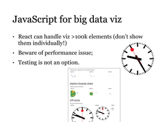JavaScript for big data viz
• React can handle viz >100k elements (don’t show
them individually!)
• Beware of performance issue;
• Testing is not an option.
 