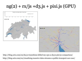 ng(2) + rx/js +d3.js + pixi.js (GPU)
http://blog.octo.com/en/visualizing-massive-data-streams-a-public-transport-use-case/
http://blog.octo.com/en/d3-js-transitions-killed-my-cpu-a-d3-js-pixi-js-comparison/
 