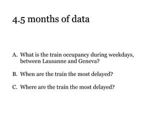 4.5 months of data
A. What is the train occupancy during weekdays,
between Lausanne and Geneva?
B. When are the train the most delayed?
C. Where are the train the most delayed?
 