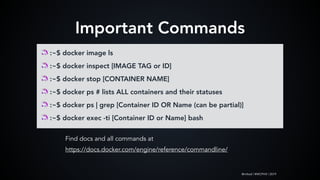 @mlteal | #WCPHX | 2019
Important Commands
🦄 :~$ docker image ls
🦄 :~$ docker inspect [IMAGE TAG or ID]
🦄 :~$ docker stop [CONTAINER NAME]
🦄 :~$ docker ps # lists ALL containers and their statuses
🦄 :~$ docker ps | grep [Container ID OR Name (can be partial)]
🦄 :~$ docker exec -ti [Container ID or Name] bash
Find docs and all commands at
https://docs.docker.com/engine/reference/commandline/
 