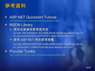 參考資料 ASP.NET Quickstart Tutorial http://quickstarts.asp.net/QuickStartv20/aspnet/Default.aspx MSDN Library 使用成員資格管理使用者 ms-help://MS.MSDNQTR.v80.cht/MS.MSDN.v80/MS.VisualStudio.v80.cht/ dv_aspnetcon/html/824c3a24-f0af-427c-a652-0d2d1e9397cd.htm 使用 ASP.NET 角色管理授權 ms-help://MS.MSDNQTR.v80.cht/MS.MSDN.v80/MS.VisualStudio.v80.cht/ dv_vwdcon/html/17c98693-6cb9-4f60-acac-8b6dfeb1c94c.htm Provider Toolkit http://msdn.microsoft.com/asp.net/downloads/providers/default.aspx 