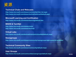 資源 User Groups http://www.microsoft.com/communities/ usergroups/default.mspx Technical Community Sites http://www.microsoft.com/taiwan/community/default.mspx Newsgroups http://www.microsoft.com/taiwan/community/newsgroups/dgbrowser/zh-tw/default.mspx Virtual Labs http://www.microsoft.com/technet/traincert/virtuallab/default.mspx MSDN & TechNet  http://www.microsoft.com/taiwan/msdn http://www.microsoft.com/taiwan/technet Microsoft Learning and Certification http://www.microsoft.com/taiwan/learning/default.htm Technical Chats and Webcasts http://www.microsoft.com/taiwan/community/chat_list.aspx   http://www.microsoft.com/taiwan/technet/webcast/default.aspx 