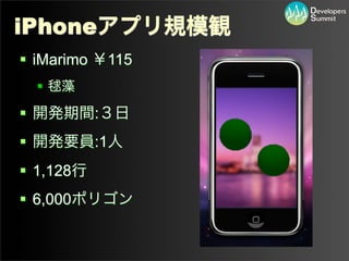 iPhoneアプリ規模観
 iMarimo ￥115
 毬藻
 開発期間:３日
 開発要員:1人
 1,128行
 6,000ポリゴン
 