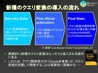新種のクエリ変換の導入の流れ
Beta-like State:   First official         Final State:
                   publication:
                                          ・クエリ変換の適用有無
・クエリ変換実装済み         ・クエリ変換がデフォルト           がコスト計算を基に判断
・隠しパラメータ または       で常に適用                  ・Undocumentedな
Undocumentedなヒント   ・コスト計算なし               ヒントはdeprecatedに
で制御可能


                       ※:書籍「Cost-Based Oracle Fundamentals」より

 実績的に新種のクエリ変換はひっそりと導入される傾向
  にある
 このため、アプリ開発者の方（Oracle非専業）が、クエリ
  変換を把握して開発することは現実的に困難かも・・・
 
