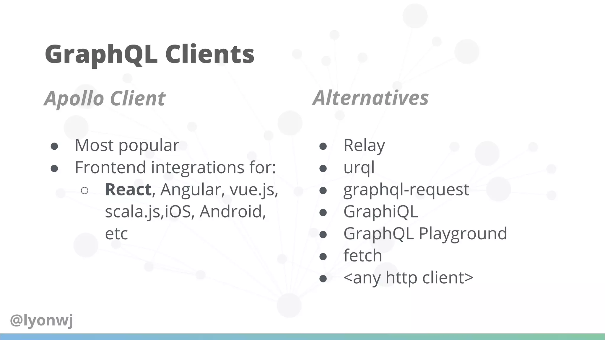GraphQL Clients
Apollo Client Alternatives
● Most popular
● Frontend integrations for:
○ React, Angular, vue.js,
scala.js,iOS, Android,
etc
● Relay
● urql
● graphql-request
● GraphiQL
● GraphQL Playground
● fetch
● <any http client>
@lyonwj
 