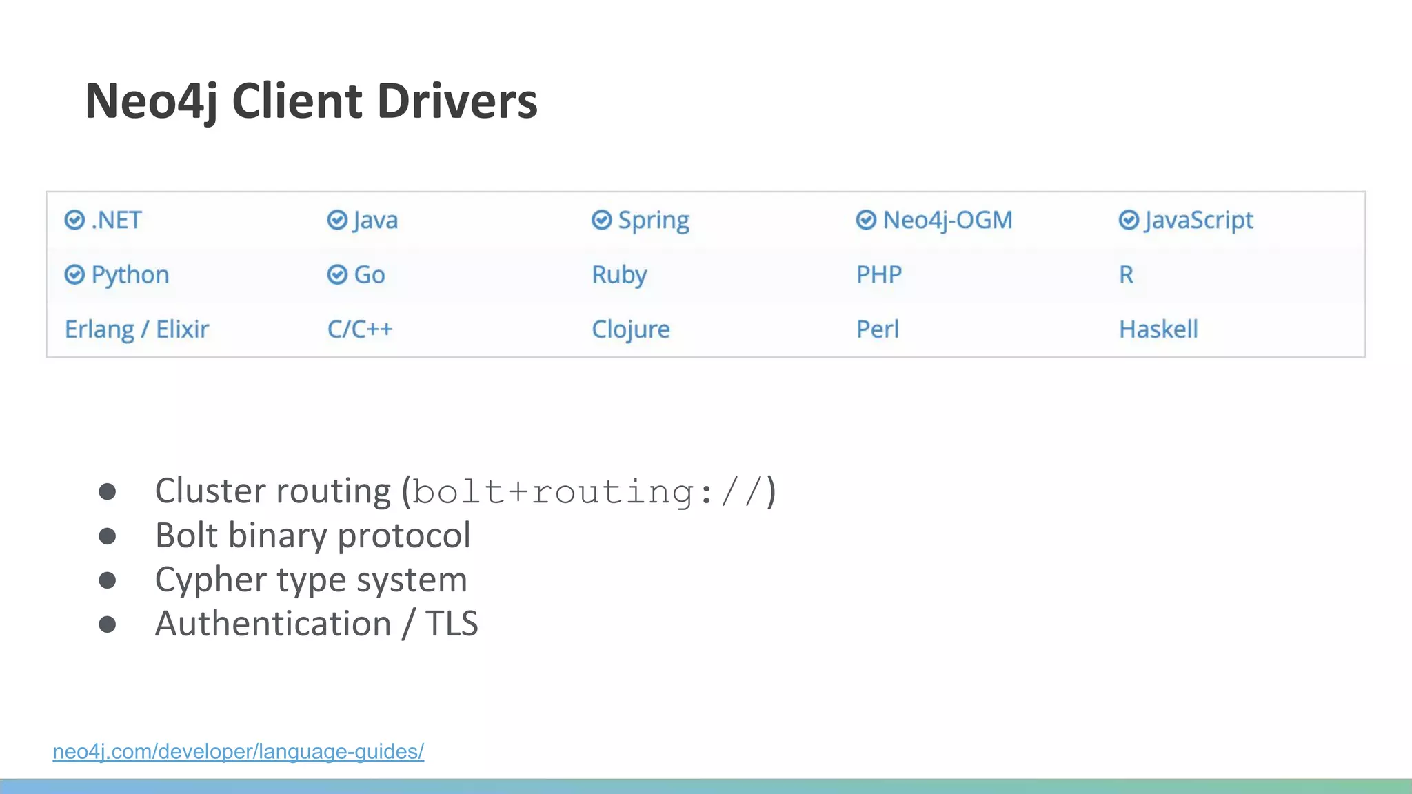 ● bolt+routing://
●
●
●
neo4j.com/developer/language-guides/
 