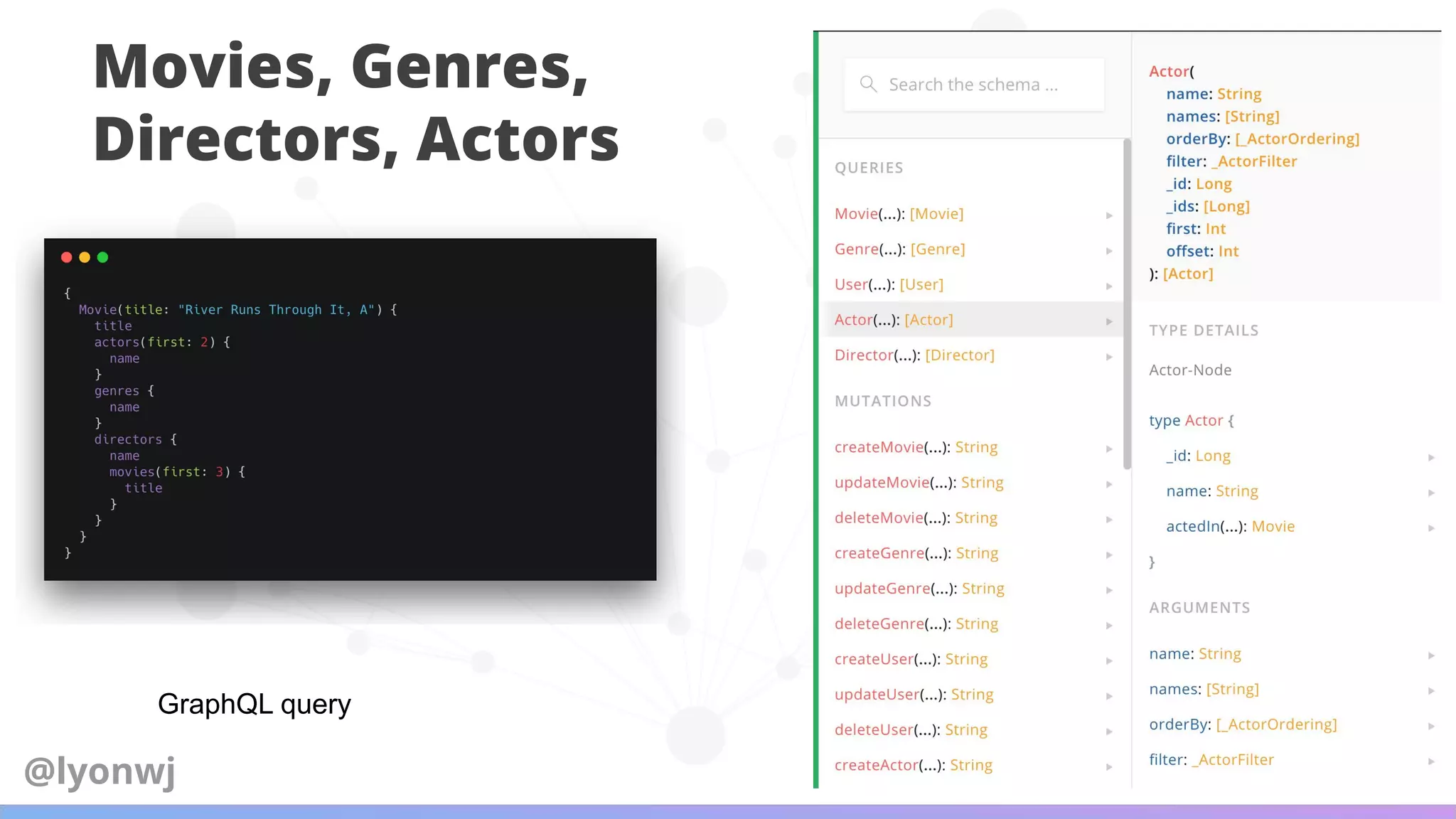 Movies, Genres,
Directors, Actors
GraphQL query
@lyonwj
 