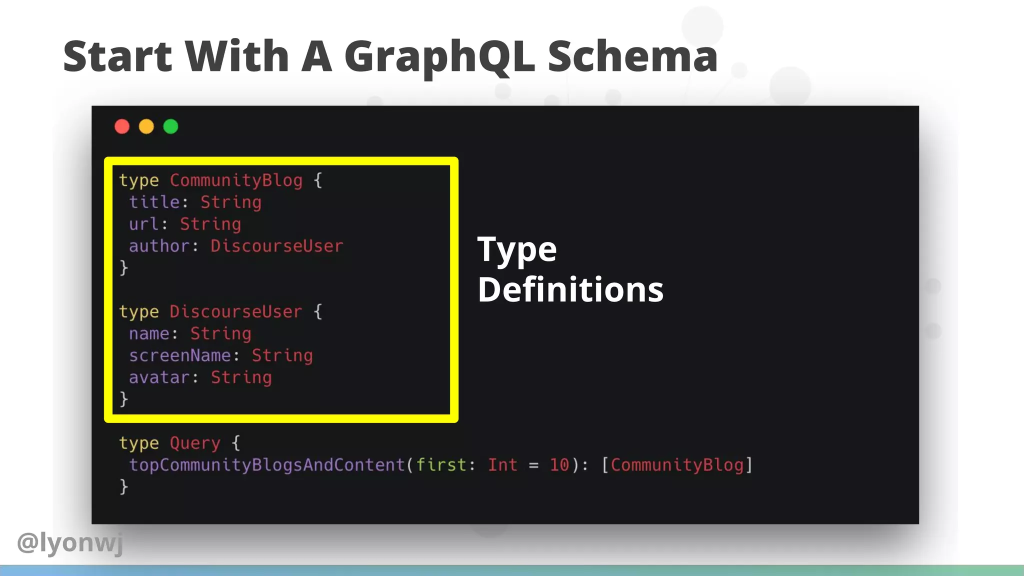 Start With A GraphQL Schema
Type
Deﬁnitions
@lyonwj
 