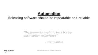 © 2019, Amazon Web Services, Inc. or its affiliates. All rights reserved.SUMMIT
Automation
Releasing software should be repeatable and reliable
“Deployments ought to be a boring,
push-button experience”
- Jez Humble
 