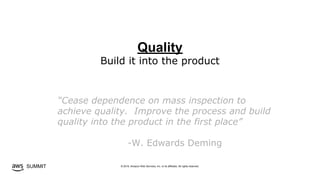 © 2019, Amazon Web Services, Inc. or its affiliates. All rights reserved.SUMMIT
Quality
Build it into the product
“Cease dependence on mass inspection to
achieve quality. Improve the process and build
quality into the product in the first place”
-W. Edwards Deming
 