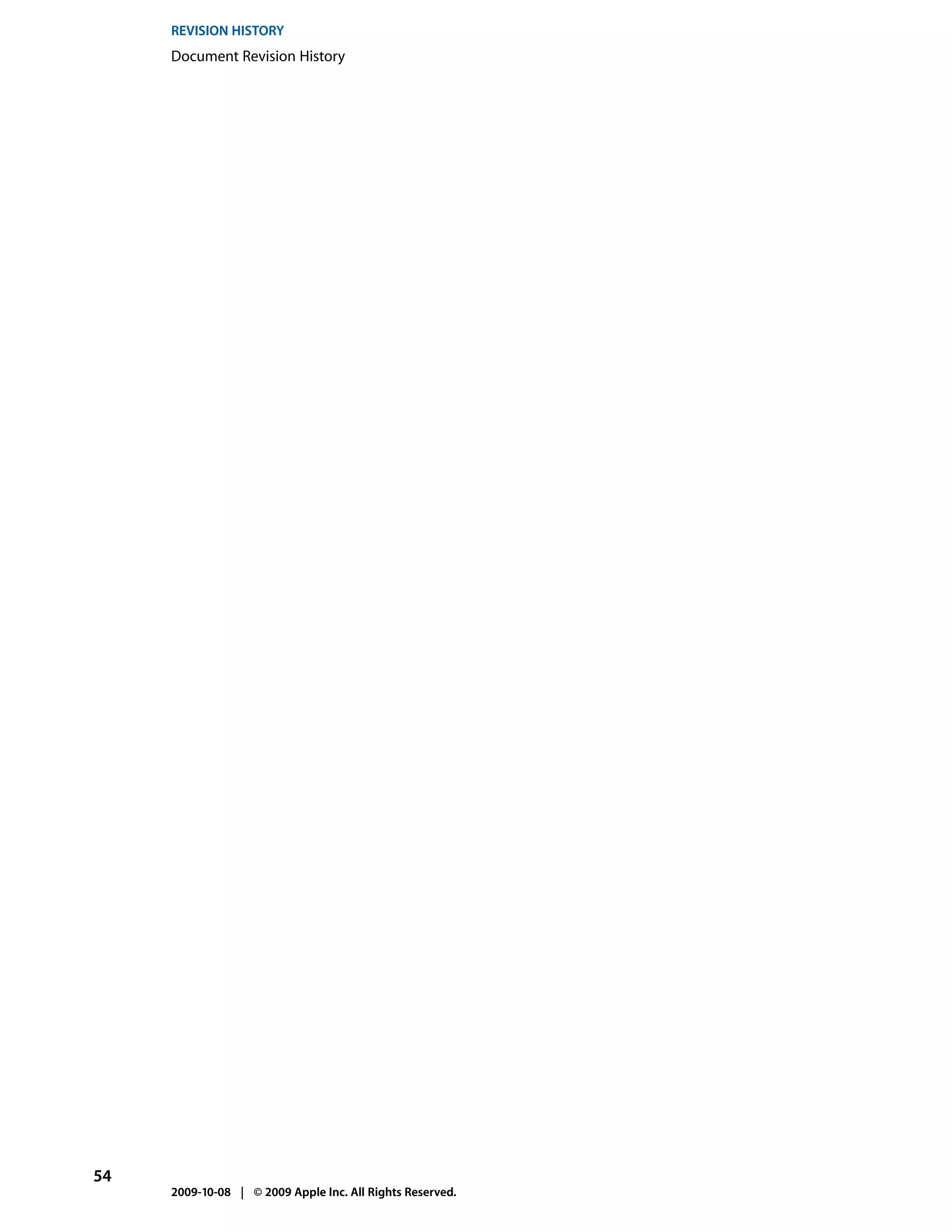 REVISION HISTORY
     Document Revision History




54
     2009-10-08 | © 2009 Apple Inc. All Rights Reserved.
 