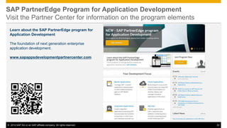 SAP PartnerEdge Program for Application Development
Visit the Partner Center for information on the program elements
Learn about the SAP PartnerEdge program for
Application Development
The foundation of next generation enterprise
application development.
www.sapappsdevelopmentpartnercenter.com

© 2014 SAP AG or an SAP affiliate company. All rights reserved.

33

 