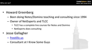 • Howard Greenberg
– Been doing Notes/Domino teaching and consulting since 1994
– Owner of NetExperts and TLCC
• TLCC has ...