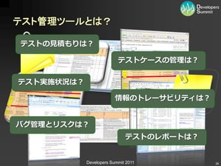 テスト管理ツールとは？

テストの見積もりは？

                          テストケースの管理は？

テスト実施状況は？

                         情報のトレーサビリティは？


バグ管理とリスクは？
                             テストのレポートは？


            Developers Summit 2011        36
 