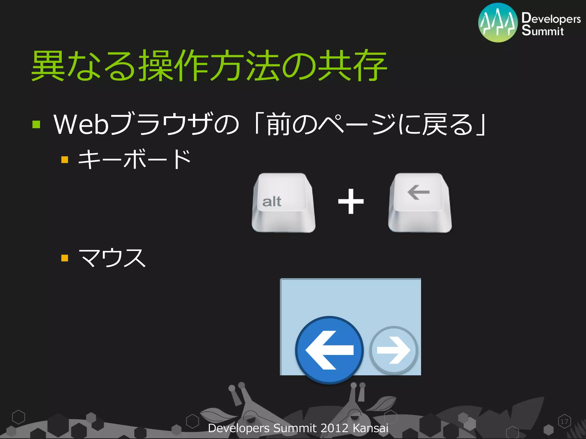 異なる操作方法の共存
 Webブラウザの「前のページに戻る」
  キーボード

                               +
  マウス




                                           17
           Developers Summit 2012 Kansai
 