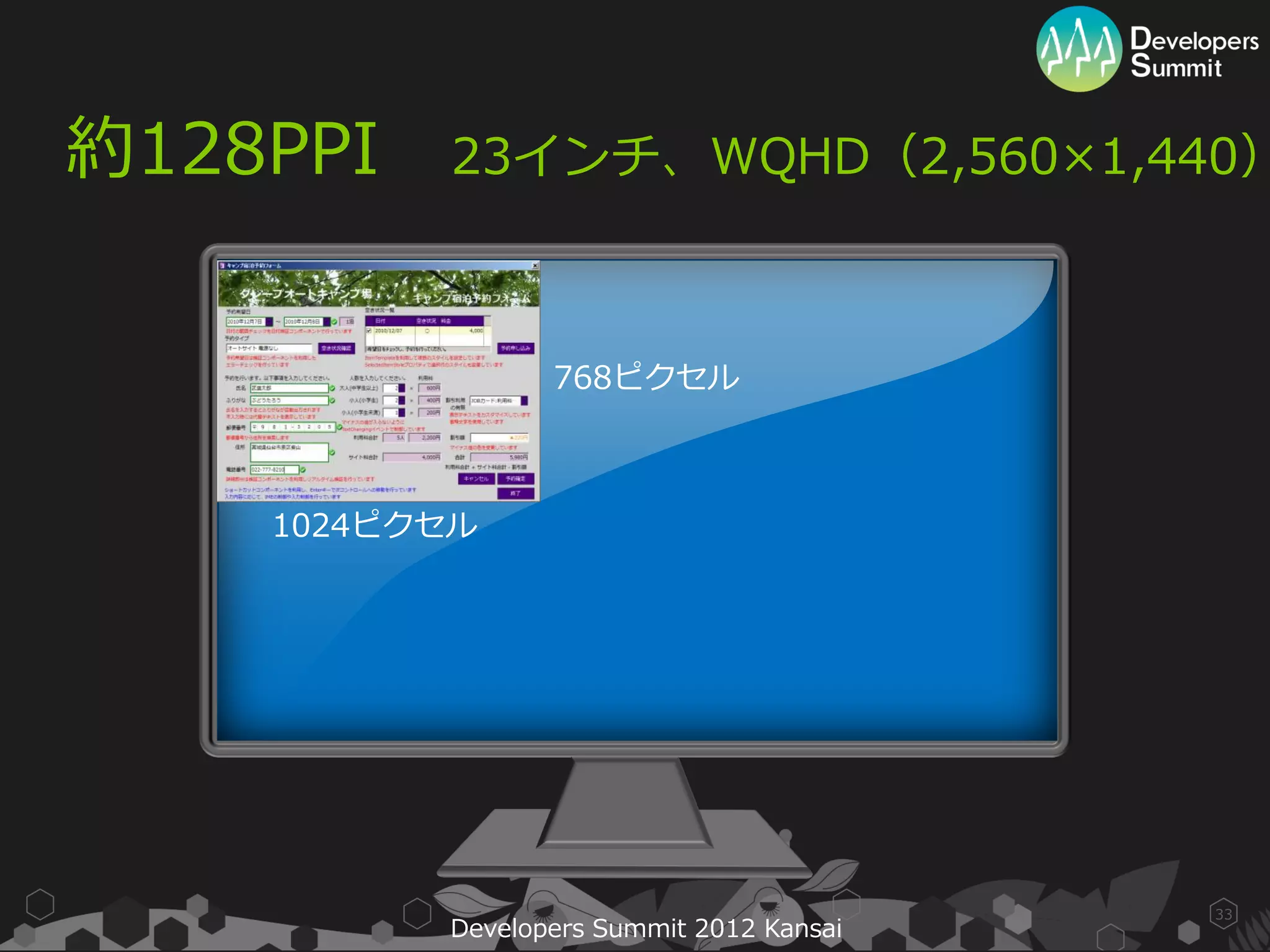 約128PPI   23インチ、WQHD（2,560×1,440）



                 768ピクセル



    1024ピクセル




                                          33
          Developers Summit 2012 Kansai
 