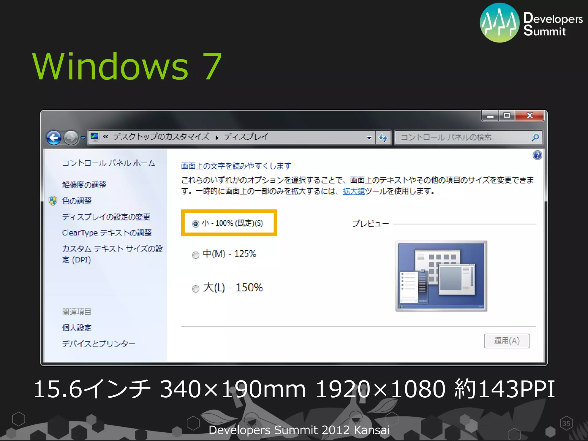 Windows 7




15.6インチ 340×190mm 1920×1080 約143PPI
                                           35
           Developers Summit 2012 Kansai
 