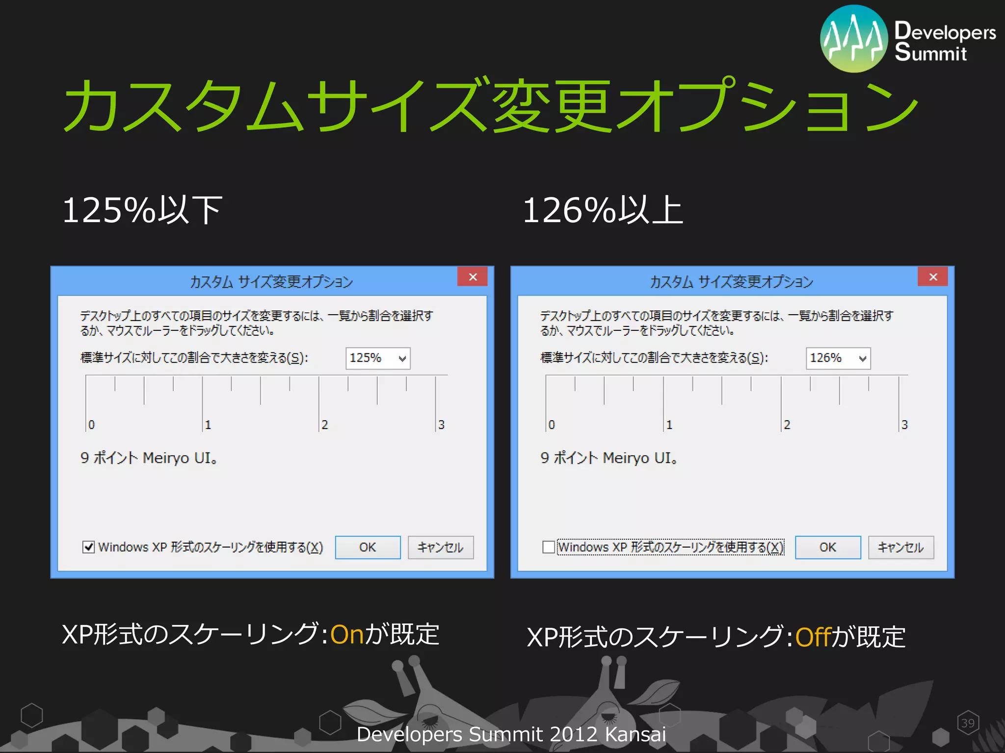カスタムサイズ変更オプション
125%以下                      126%以上




XP形式のスケーリング:Onが既定           XP形式のスケーリング:Offが既定


                                                 39
             Developers Summit 2012 Kansai
 