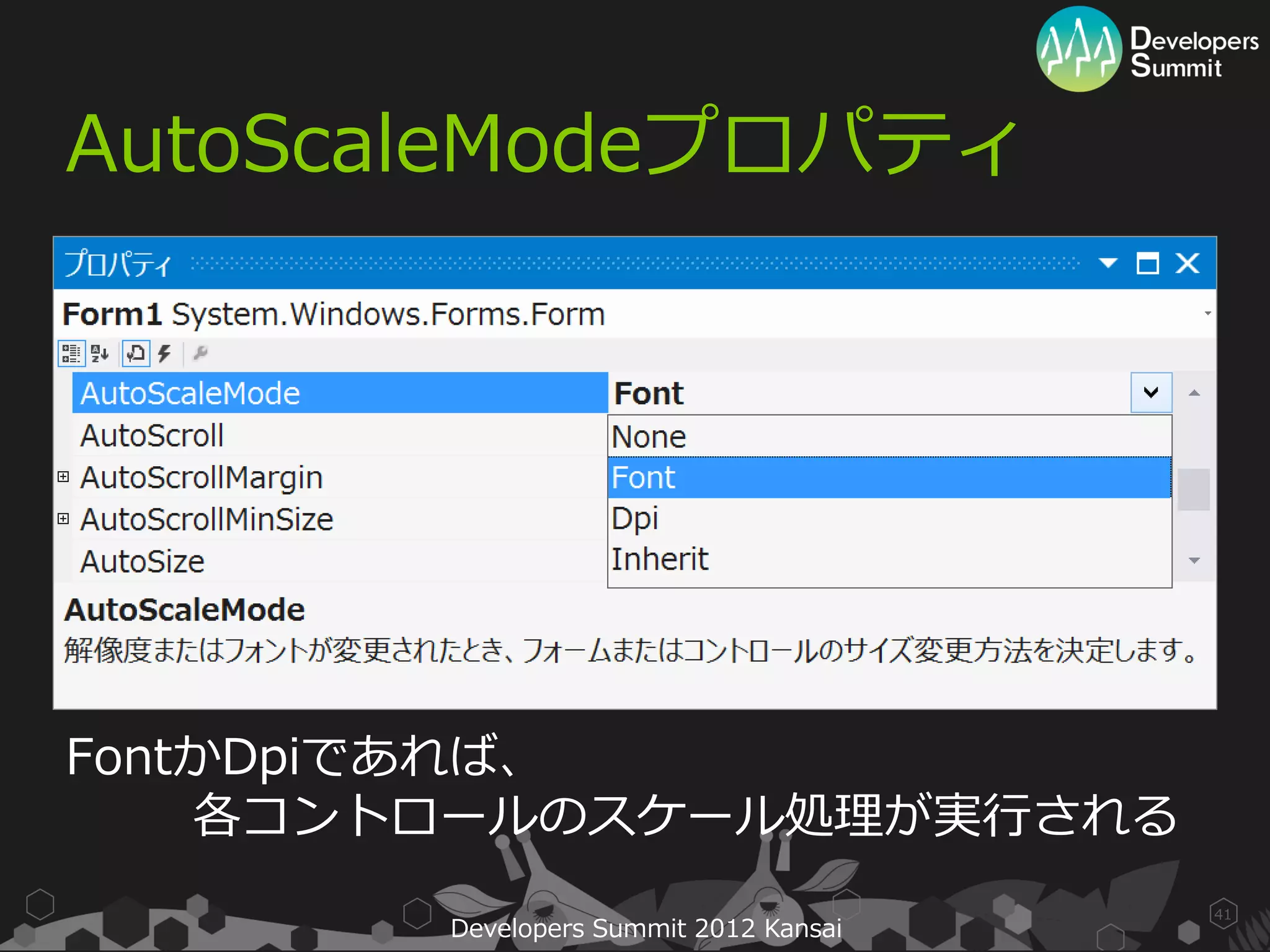 AutoScaleModeプロパティ




FontかDpiであれば、
    各コントロールのスケール処理が実行される
                                        41
        Developers Summit 2012 Kansai
 