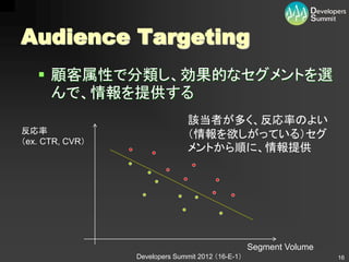 Audience Targeting
    顧客属性で分類し、効果的なセグメントを選
     んで、情報を提供する
                                該当者が多く、反応率のよい
反応率                             （情報を欲しがっている）セグ
（ex. CTR, CVR）
                                メントから順に、情報提供




                                                   Segment Volume
                 Developers Summit 2012 （16-E-1）                    16
 