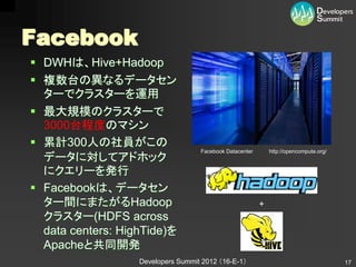 Facebook
 DWHは、Hive+Hadoop
 複数台の異なるデータセン
  ターでクラスターを運用
 最大規模のクラスターで
  3000台程度のマシン
 累計300人の社員がこの
                                    Facebook Datacenter       http://opencompute.org/
  データに対してアドホック
  にクエリーを発行
 Facebookは、データセン
  ター間にまたがるHadoop                                          +
  クラスター(HDFS across
  data centers: HighTide)を
  Apacheと共同開発
                   Developers Summit 2012 （16-E-1）                                      17
 