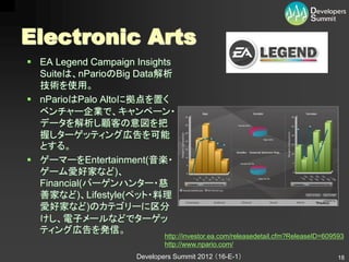 Electronic Arts
 EA Legend Campaign Insights
  Suiteは、nParioのBig Data解析
  技術を使用。
 nParioはPalo Altoに拠点を置く
  ベンチャー企業で、キャンペーン・
  データを解析し顧客の意図を把
  握しターゲッティング広告を可能
  とする。
 ゲーマーをEntertainment(音楽・
  ゲーム愛好家など)、
  Financial(バーゲンハンター・慈
  善家など)、Lifestyle(ペット・料理
  愛好家など)のカテゴリーに区分
  けし、電子メールなどでターゲッ
  ティング広告を発信。
                             http://investor.ea.com/releasedetail.cfm?ReleaseID=609593
                             http://www.npario.com/
                     Developers Summit 2012 （16-E-1）                                18
 