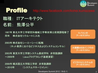 Profile       http://www.facebook.com/kohei.kumazawa

職種： ITアーキテクト
名前： 熊澤公平
1987年 東北大学工学研究科機械工学専攻博士前期課程修了                         スパコンの
同年 株式会社リクルートに入社                                      アーキテクチャ


2003年 株式会社シーエーシーに転職
    （ネット業界におけるビジネスおよびシステムコンサル）
                                                   大規模ＷＥＢインフラの
                                                     アーキテクチャ
2003年 東京大学工学部システム創成学科 非常勤講師
～2009年    （Javaプログラミング基礎演習）

                                                   ビジネスとシステムの
2008年 横浜国立大学院工学府 非常勤講師                               アーキテクチャ
～2010年    （システムマネージメント）
                 Developers Summit 2012 （16-E-1）                 2
 