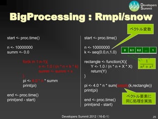BigProcessing : Rmpi/snow
                                                                             ベクトル変数

start <- proc.time()                            start <- proc.time()

n <- 10000000                                   n <- 10000000
                                                                        0    0.1   0.2   …    1
summ <- 0.0                                     k <- seq(0.0,n,1.0)

         for(k in 1:n-1){                       rectangle <- function(X){                1
                   x <- 1.0 / (n * n + k * k)       Y <- 1.0 / (n * n + X * X)       2 +  2
                   summ <- summ + x                 return(Y)
         }                                      }
         pi <- 4.0 * n * summ
         print(pi)                              pi <- 4.0 * n * sum(sapply(k,rectangle))
                                                print(pi)
end <- proc.time()                                                          ベクトル要素に
print(end - start)                              end <- proc.time()          同じ処理を実施
                                                print(end - start)

                                  Developers Summit 2012 （16-E-1）                             25
 